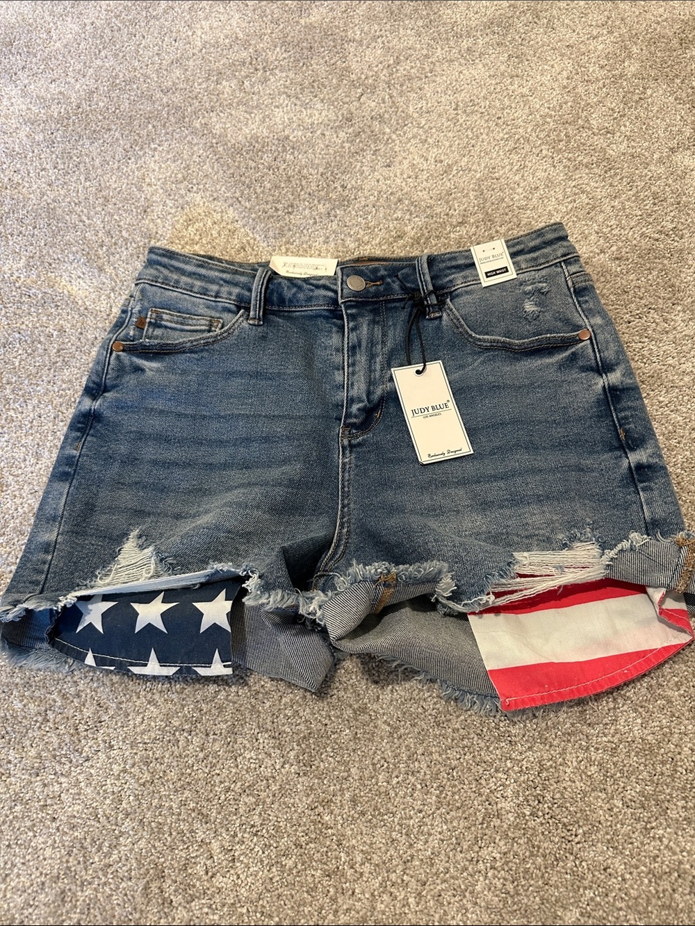 Judy Blue Medium Blue Distressed Denim high waist Shorts with Flag Pocket Lining